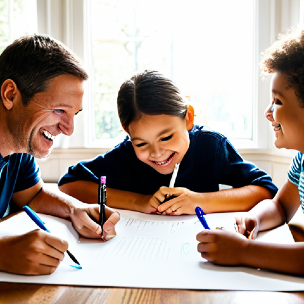 가족 규칙 만들기 가이드 - **Image:** A diverse family (parents and two children) sitting around a table, smiling and writing o...