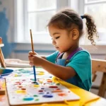 비교하지 않는 교육법 - A joyful young child, around 6-7 years old, with bright, curious eyes, is engrossed in painting a vi...