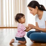 아이의 배려심 길러주기 - A warm, brightly lit indoor scene. A mother, in her late 30s, with kind eyes, kneels gently to the e...