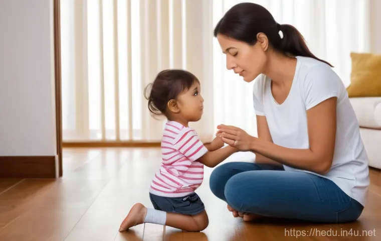 아이의 배려심 길러주기 - A warm, brightly lit indoor scene. A mother, in her late 30s, with kind eyes, kneels gently to the e...