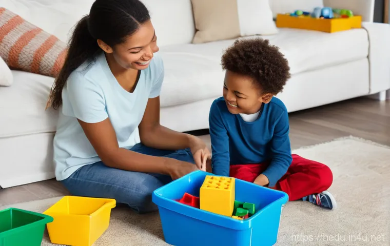 아이의 배려심 길러주기 - A warm, brightly lit indoor scene. A mother, in her late 30s, with kind eyes, kneels gently to the e...