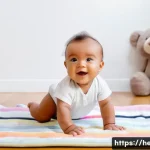 아이의 감각 발달 놀이법 - A happy baby, approximately 4-6 months old, wearing a clean white diaper, is positioned on their tum...
