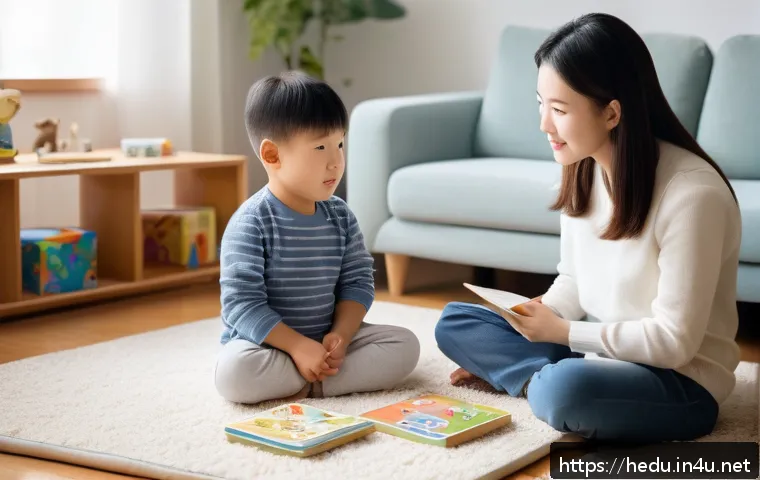 아이의 논리적 사고 키우기 - A warm and cozy living room scene showing a parent and a young child (wearing a diaper) sitting on a...