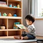 유아기 자기주도 학습법 - A warm, inviting children's learning corner inside a bright, tidy room with shelves neatly organized...