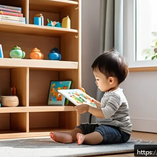 유아기 자기주도 학습법 - A warm, inviting children's learning corner inside a bright, tidy room with shelves neatly organized...