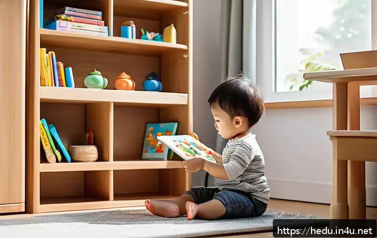 유아기 자기주도 학습법 - A warm, inviting children's learning corner inside a bright, tidy room with shelves neatly organized...