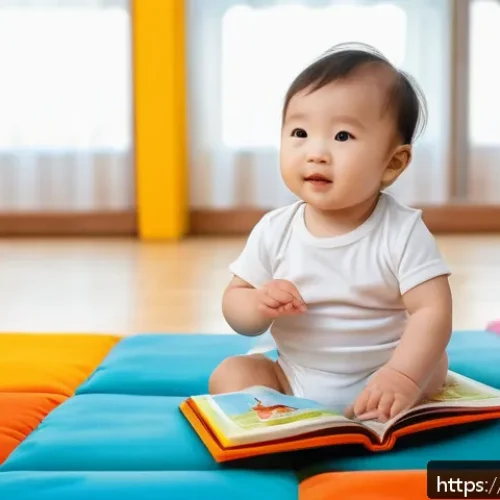 아이의 감각 발달 돕기 - A cozy indoor scene showing a toddler wearing a diaper sitting on a soft play mat, exploring a color...