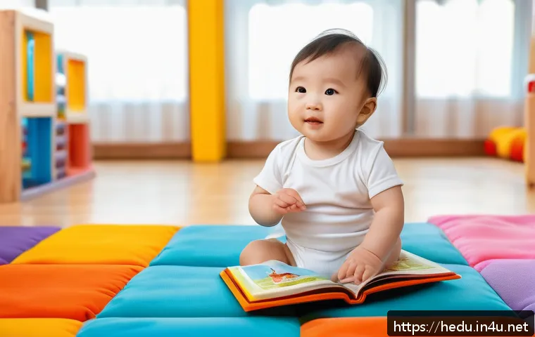 아이의 감각 발달 돕기 - A cozy indoor scene showing a toddler wearing a diaper sitting on a soft play mat, exploring a color...