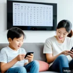 가정 내 규칙 설정의 중요성 - A warm and cozy family living room scene where a parent and child are sitting together on a sofa, bo...