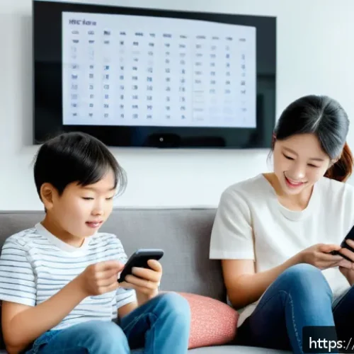 가정 내 규칙 설정의 중요성 - A warm and cozy family living room scene where a parent and child are sitting together on a sofa, bo...