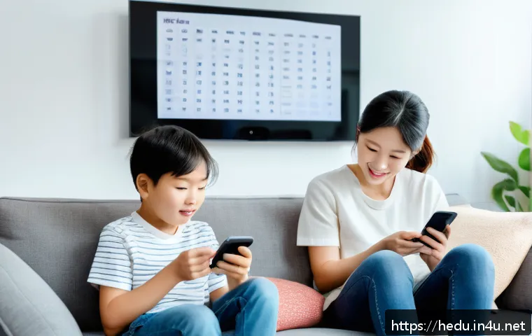 가정 내 규칙 설정의 중요성 - A warm and cozy family living room scene where a parent and child are sitting together on a sofa, bo...