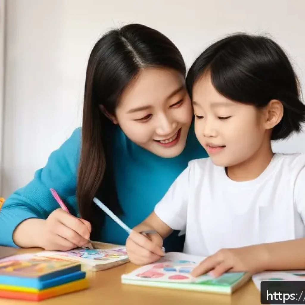아이와 함께하는 감정일기 쓰기 - A warm and cozy family scene showing a mother and her young child sitting at a small table in a soft...