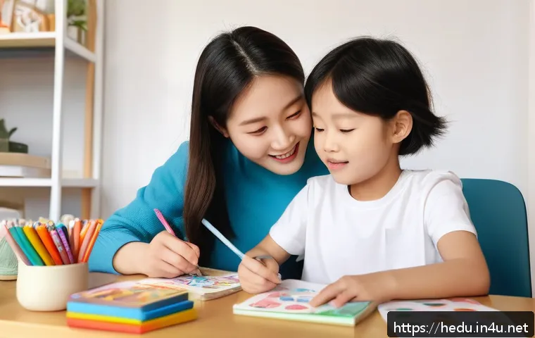 아이와 함께하는 감정일기 쓰기 - A warm and cozy family scene showing a mother and her young child sitting at a small table in a soft...