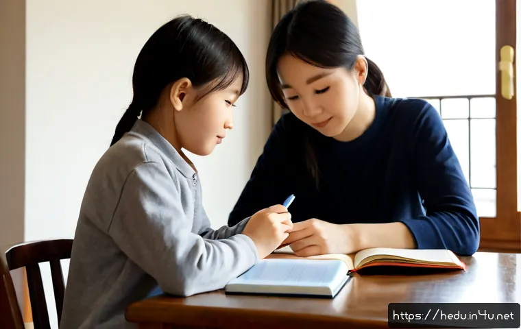 Home 17 부모의 자기계발과 훈육의 관계 - Photorealistic warm home scene, a calm parent sitting at a tidy dining table reading a personal deve...